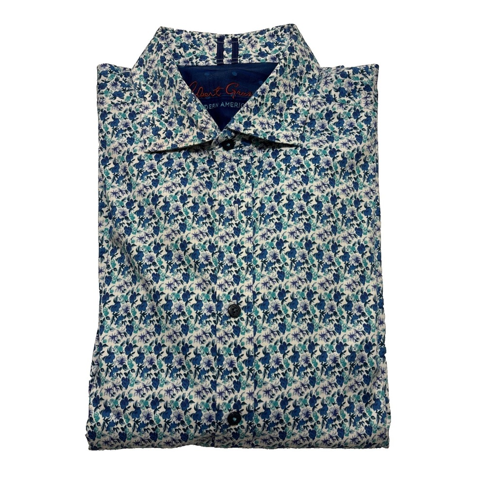 Robert Graham Mens XL Tailored Fit Floral Button Down Shirt Blue Teal Cotton XL